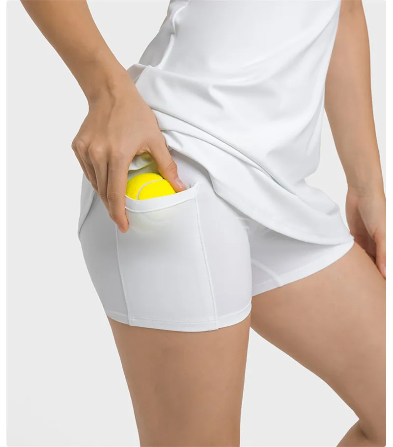 Kobiety Solid Color Fitness strój do tenisa body oddychające pochłaniające pot jednoczęściowe kieszenie Golf z sukienką Gym z miseczkami na piersi
