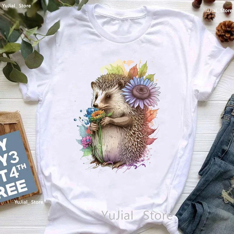 Watercolor Kawaii Hedgehog Print T Shirt Women Clothes 2024 Funny Sunflower Tshirt Femme White Casual Short Sleeve T-Shirt