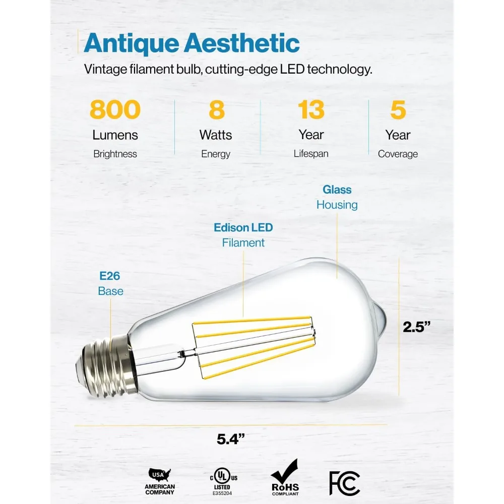 ヴィンテージフィラメントLED電球、100個パック、800ルーメン、8W、60W相当、昼光色5000K、E26ミディアムベース、防水、クリアG