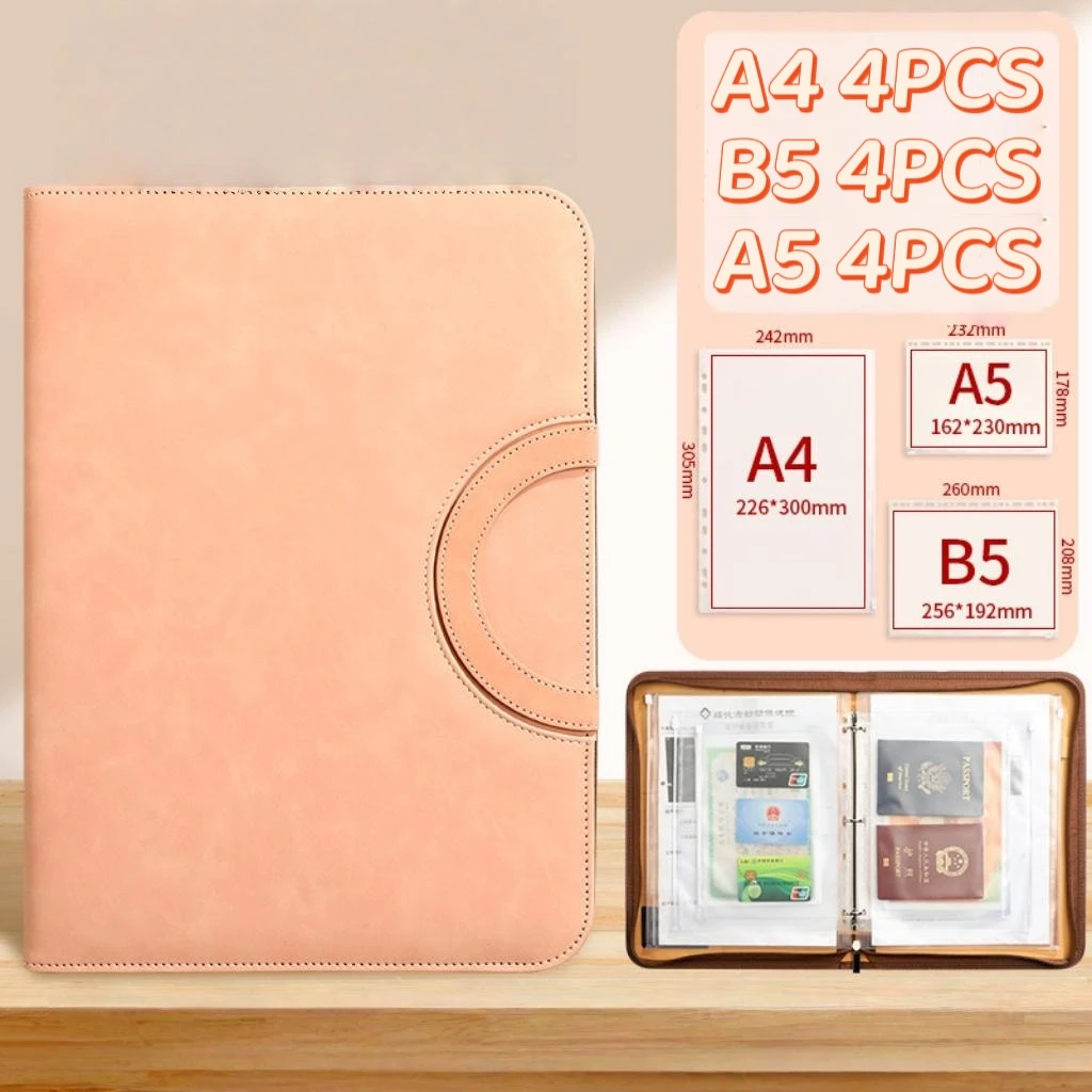 Fotografia 3: Novo Conjunto de Pastas Organizadoras de Documentos A4 com 4 Argolas em Couro PU, incluindo 3 Tipos de Bolsos com Zíper