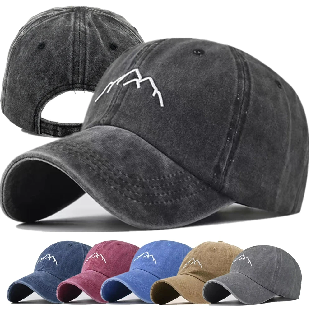 Unisex Washed Cotton Cap Mountain Embroidery Vintage Baseball Cap Men Women Adjustable Casual Outdoor Streetwear Sports Hat