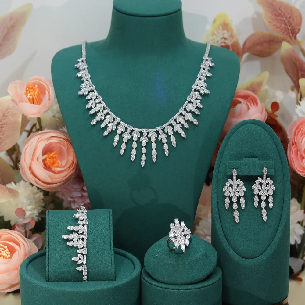 Luxury Geometric 4PCS  Wedding Party Zircon Indian African DUBAI Bridal Jewelry Set For Women X0417