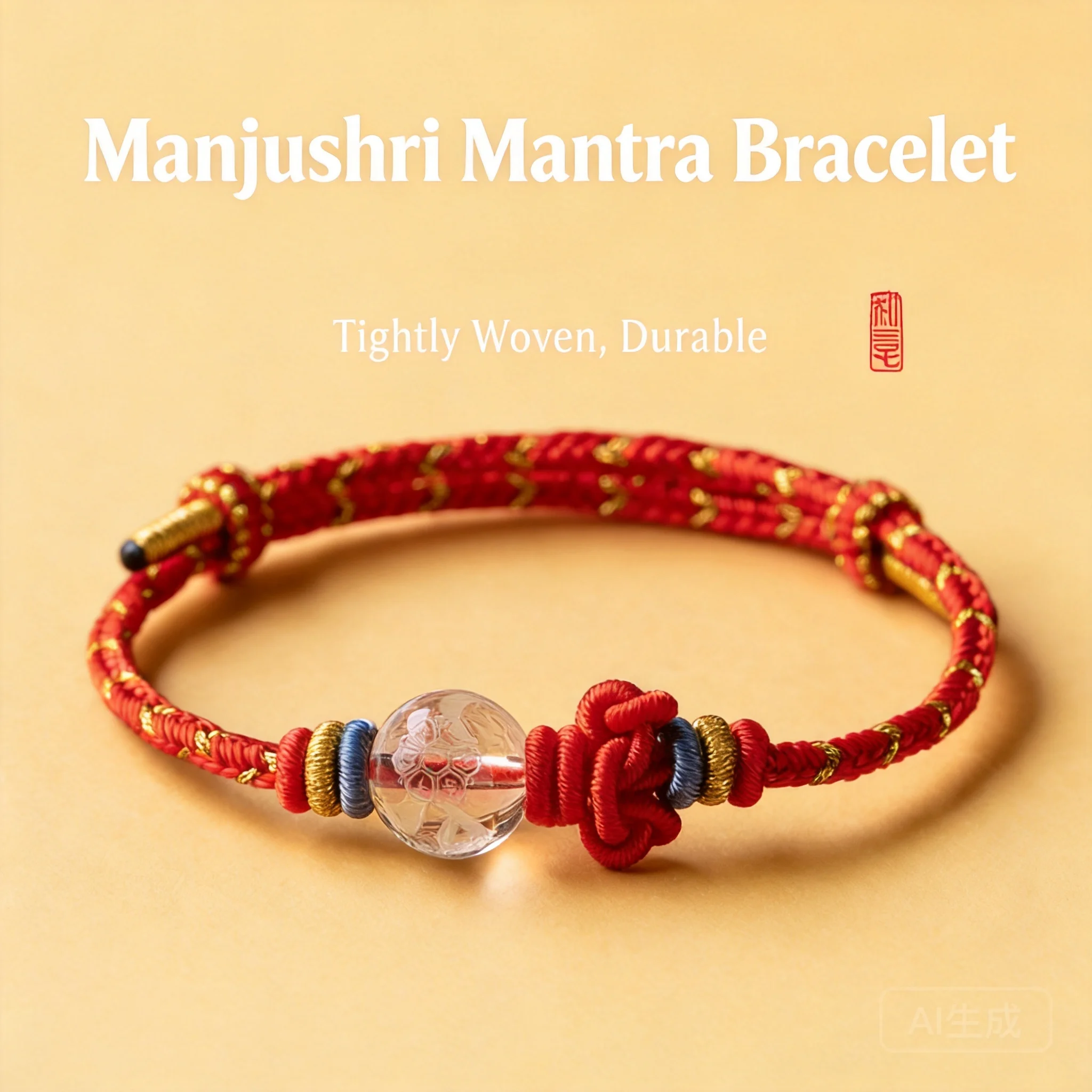 Chinese Style Lucky Manjushri Wisdom Mantra Clear Quartz Bracelet Hand Woven Red String Bracelet For Women Men Blessing Protecti