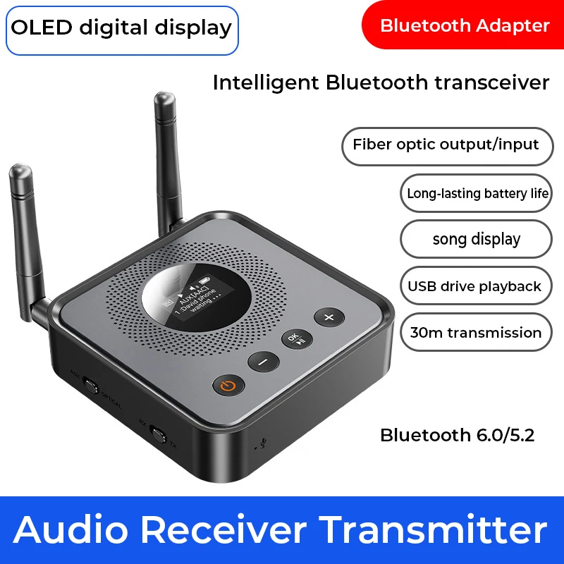 

Аудиоприемник-передатчик Bluetooth 6.0/5.2 с цифровым дисплеем OLCD, USB-накопителем и беспроводным воспроизведением музыки, оптический выход