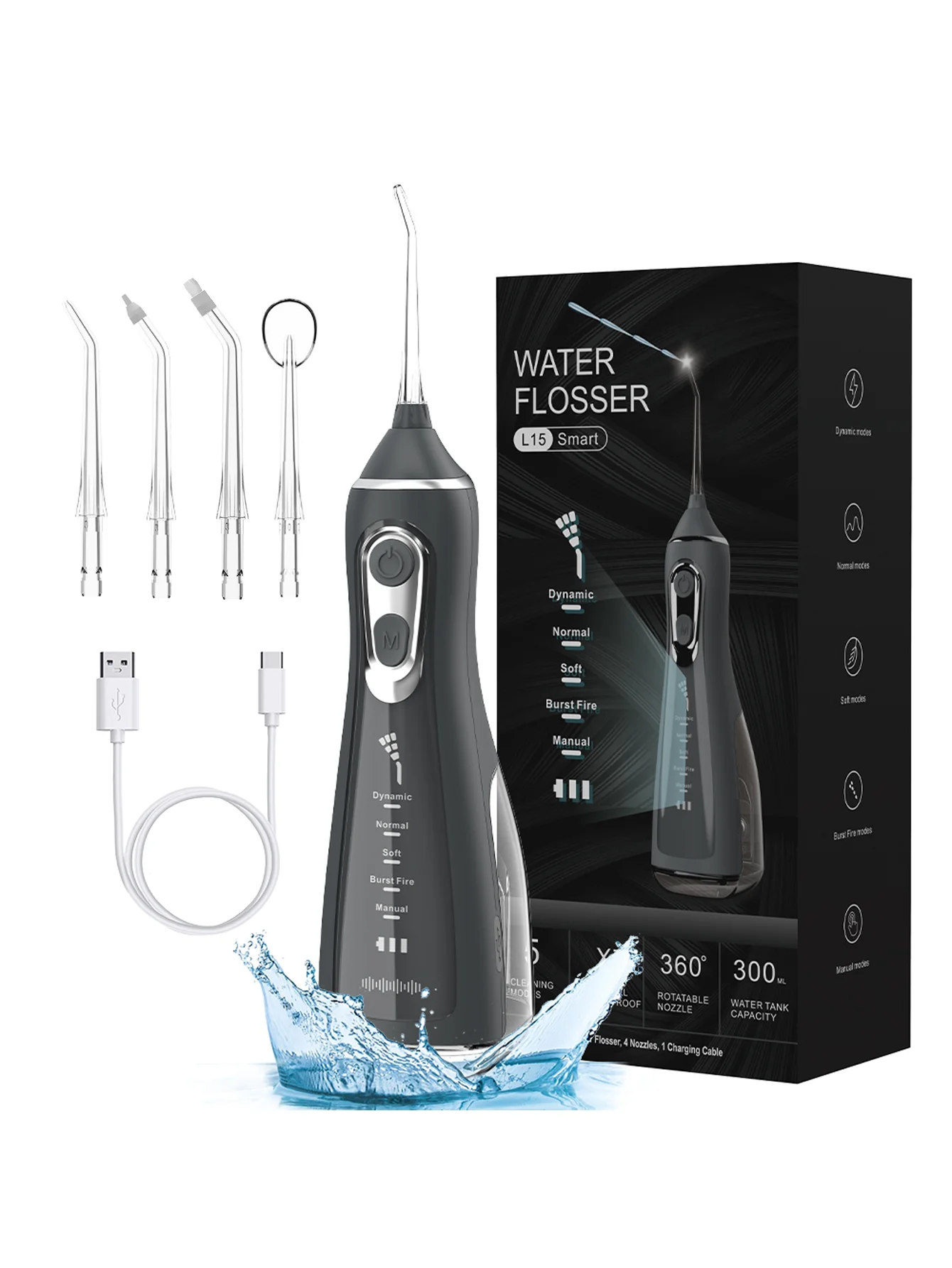 

Schoben Portable Dental Oral Irrigator Water Flosser USB Rechargeable 4 Nozzles Water Jet 300ml Water Tank Waterproof IPX7