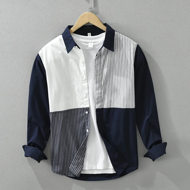 2024 New Fashion Striped Patchwork Shirt for Men Loose Casual Long Sleeve Shirt Men\'s Clothing