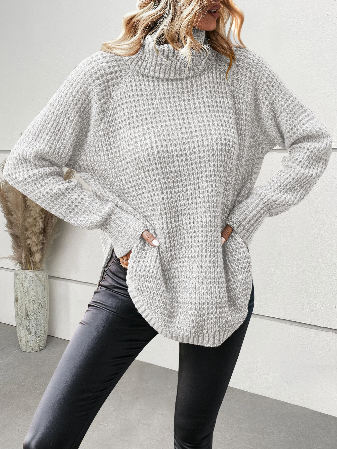 Women Turtle Neck Lantern Long Sleeve Jumper Tops Oversized High Side Split Knit Sweater Trendy Slouchy Chunky Pullover