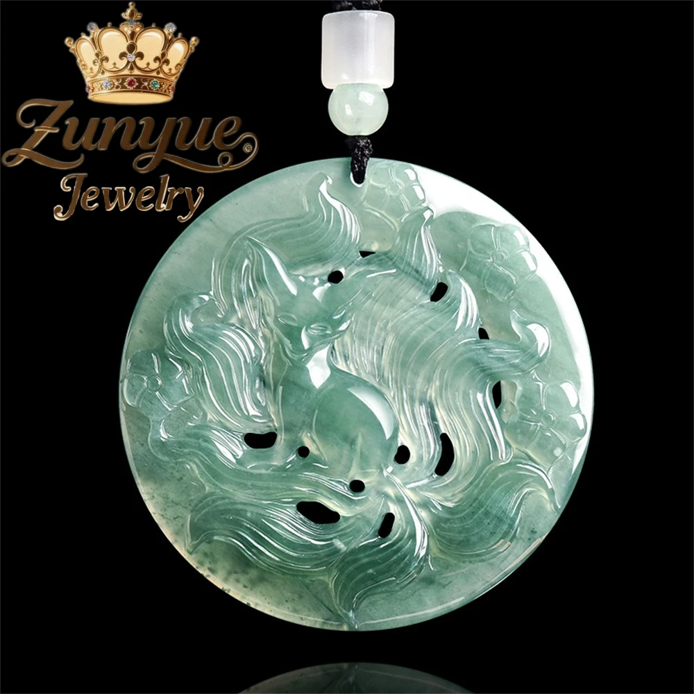 

Genuine Natural A-Grade Jadeite Blue Water Fox Spirit Nine-Tailed Fox Pendant Ice-Type Jade Men's Pendant Women's Jade Pendant