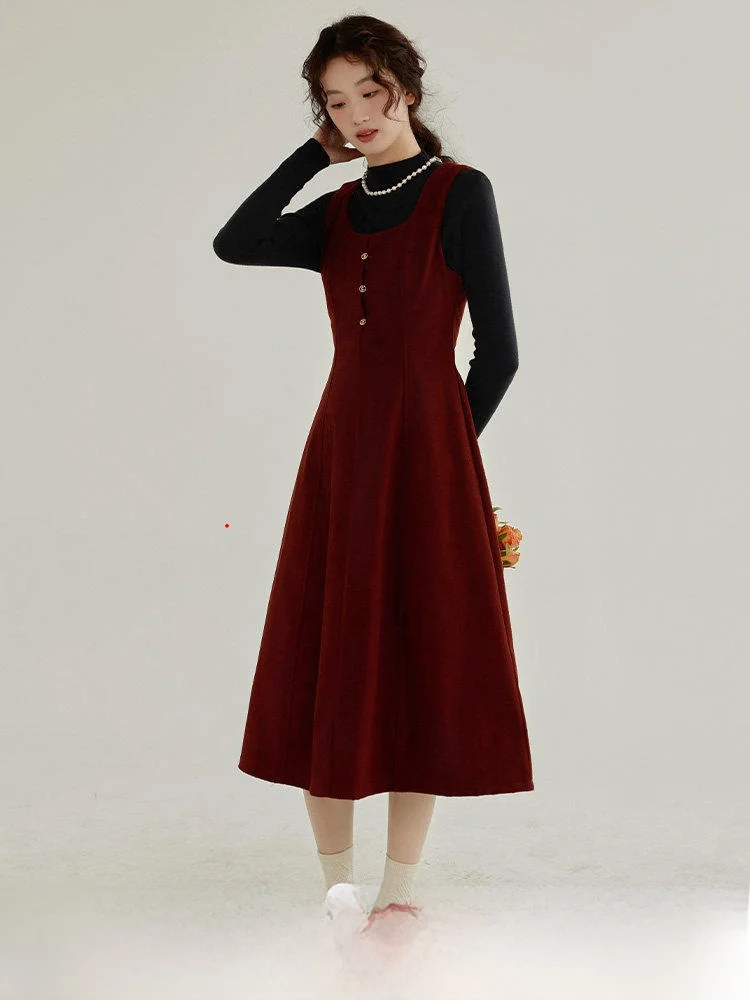 

Ретро-платье-жилет винного цвета с эффектом похудения, длинная юбка, весенний сезон, с завышенной талией, женская модная одежда из смесового полиэстера и хлопка