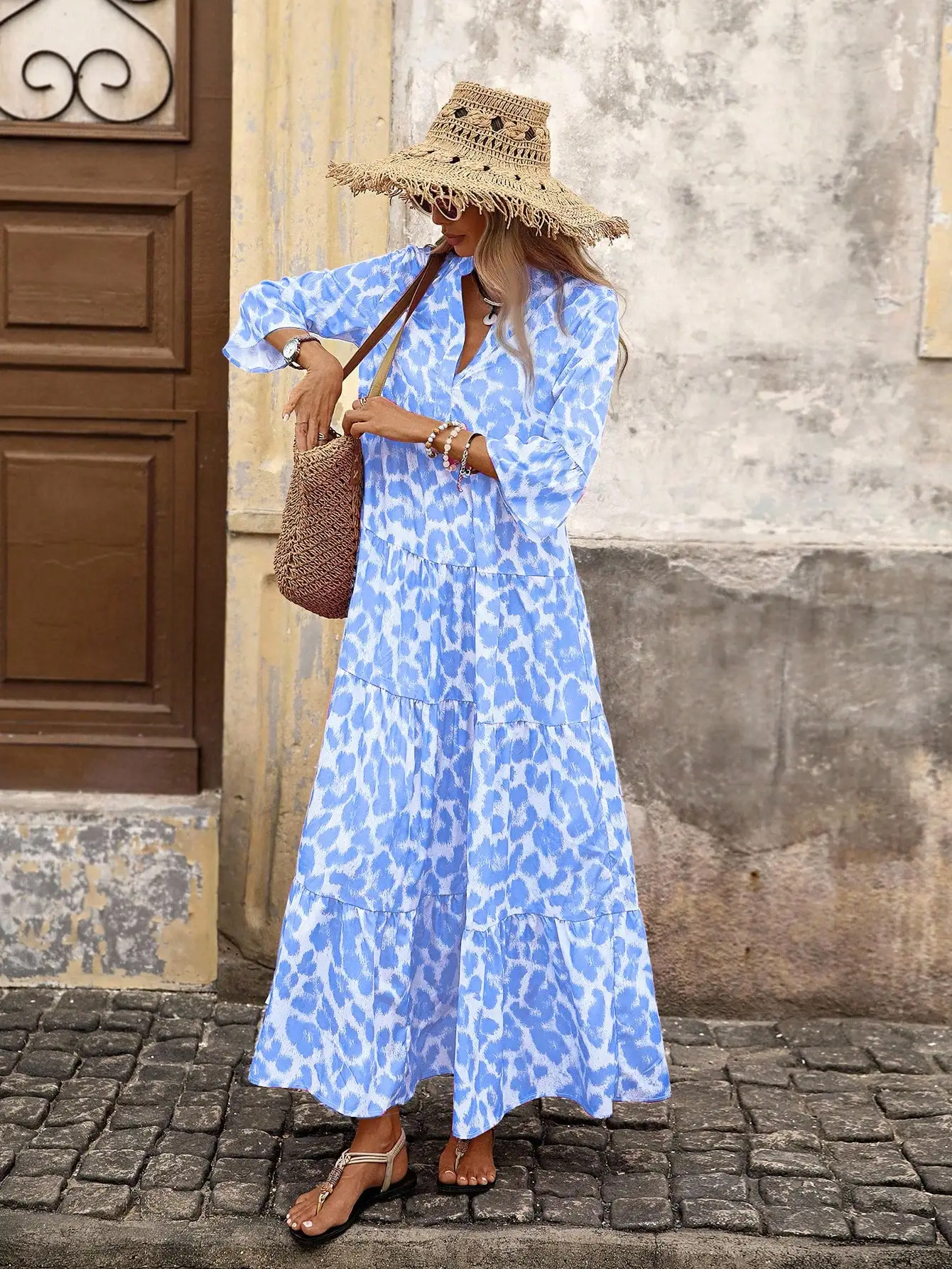 

Синее женское макси-платье с леопардовым принтом, многослойное, с длинными рукавами