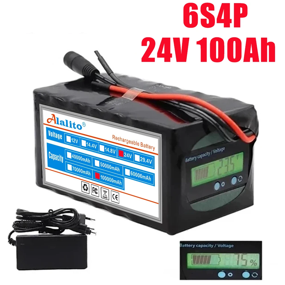 24V Battery 6S4P Battery Pack 100Ah Rechargeable Lithium Battery for Ebike Electric Bicycle With Capacity Indicator&BMS+Charger