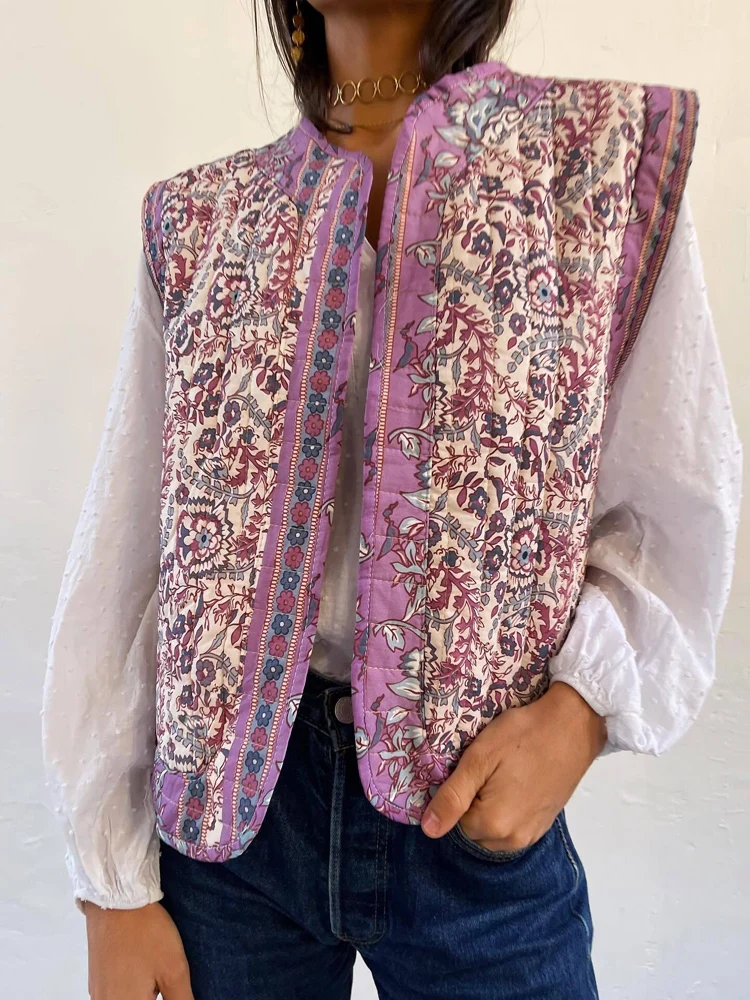 

New Autumn Winter Fashion Patchwork Warm Casual Women's Sleeveless Jacket, Printed V-neck Street Style Coat, Female Tops