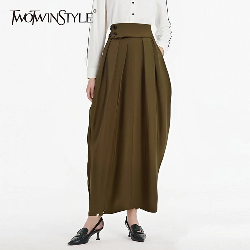 

TWOTWINSTYLE Solid Spliced Folds Casual Skirt Female High Waist Loose Minimalist Basics Women's Long Skirts Autumn Fashion New