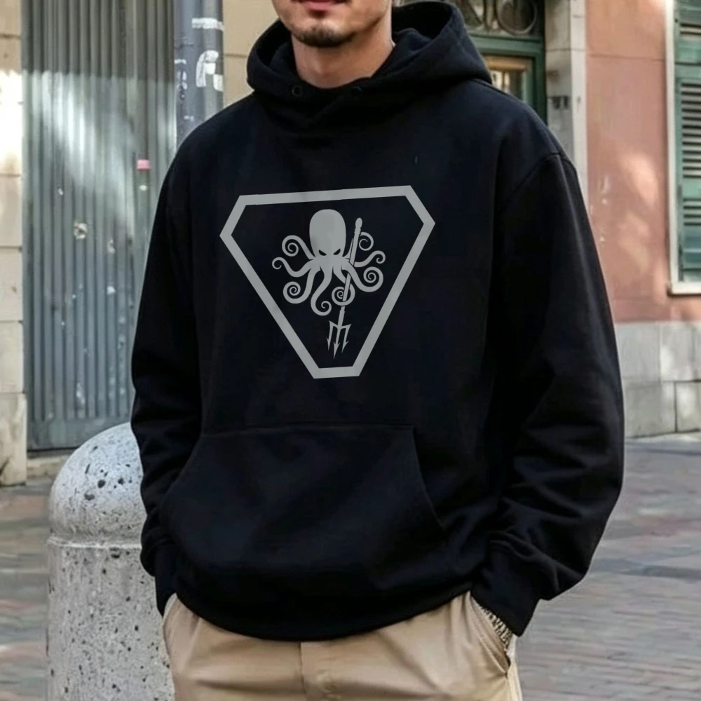 Diamond Frame Trident Octopus Minimal Graphic Hoodie Poseidon Kraken Pullover Hooded Sweatshirt Men Streetwear Minimalist Hoody