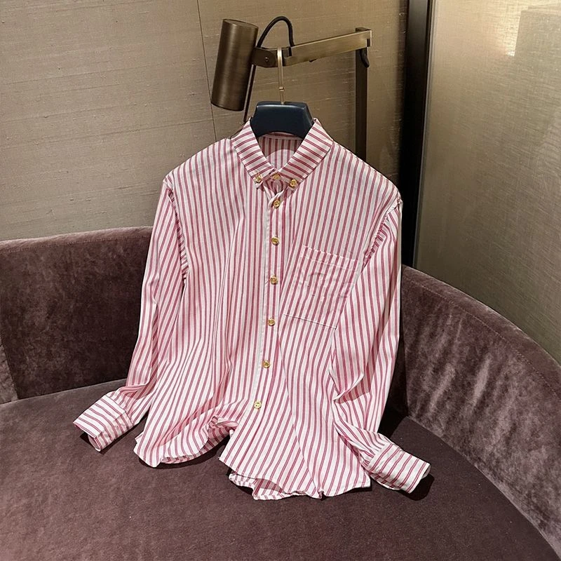 Lazy Style Pink Striped Shirt for Women's Spring Autumn New Embroidery Loose Youth Fashion Blouse Korean High Street Clothing