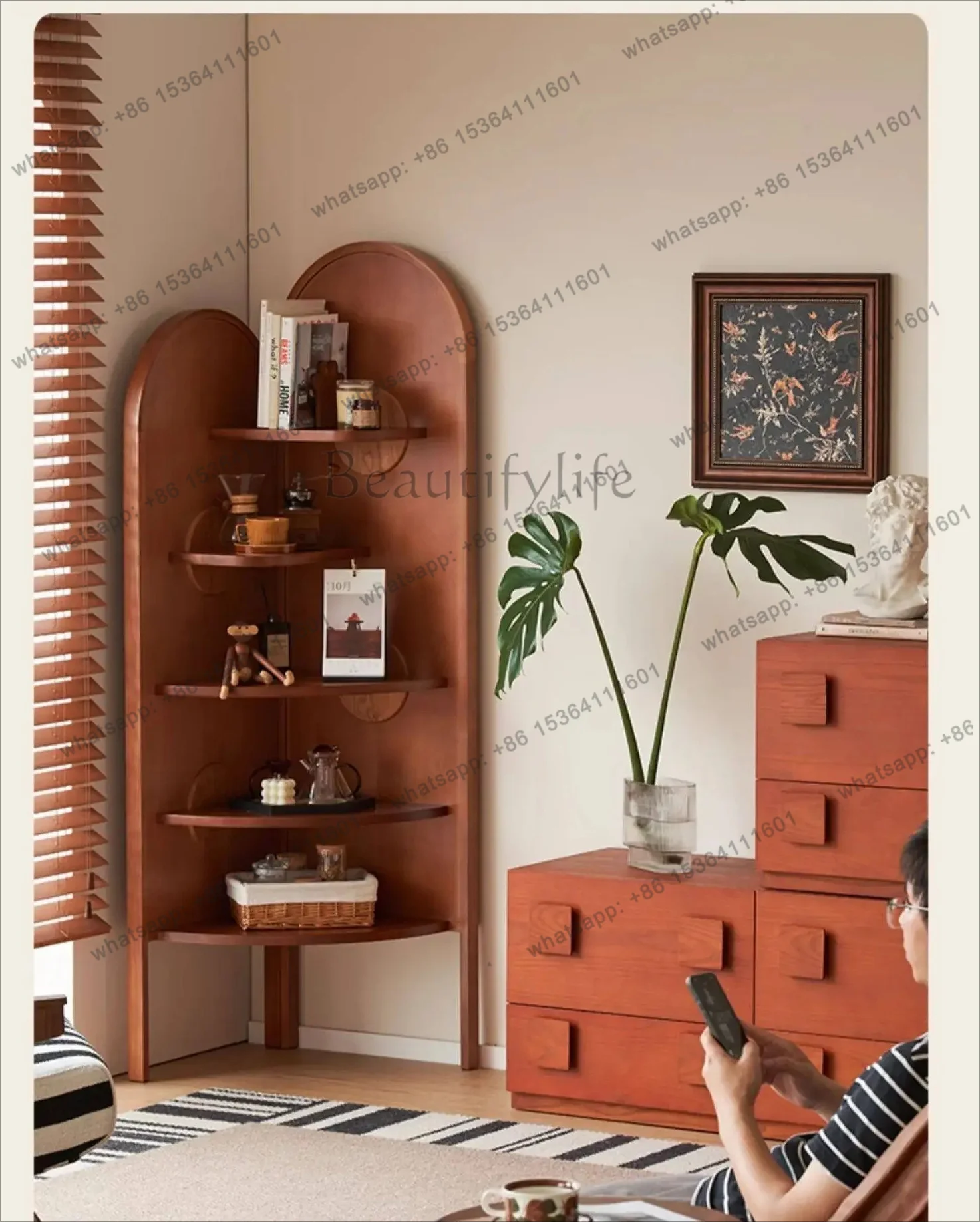 PG Solid wood corner rack retro corner cabinet triangular cabinet corner side cabinet small apartment storage rack display rack