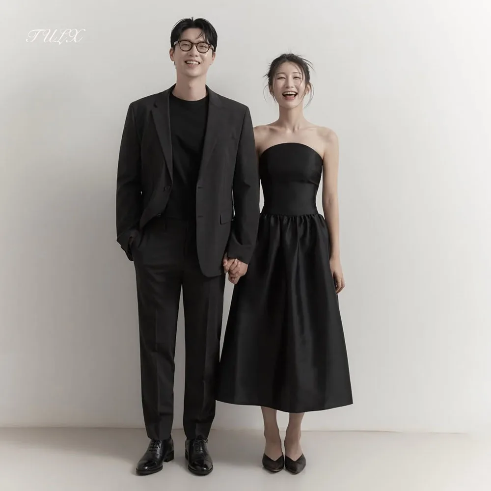 TULX – robe de soirée en Satin noir Simple, sans bretelles, pour séance Photo de mariage coréen, ligne A, longueur thé, robe de soirée, Corset personnalisé, 2026