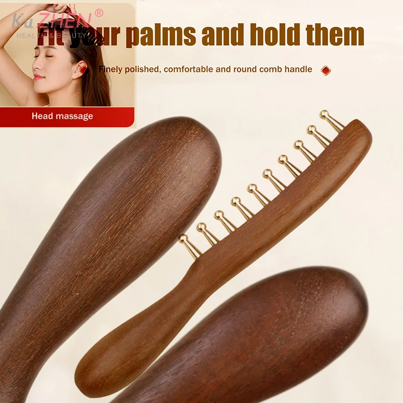 

1PC Copper & Wood 10-Teeth Massager Comb For Head Meridian Therapy And Relaxation Golden Sandalwood Scraping Guasha Long Handle