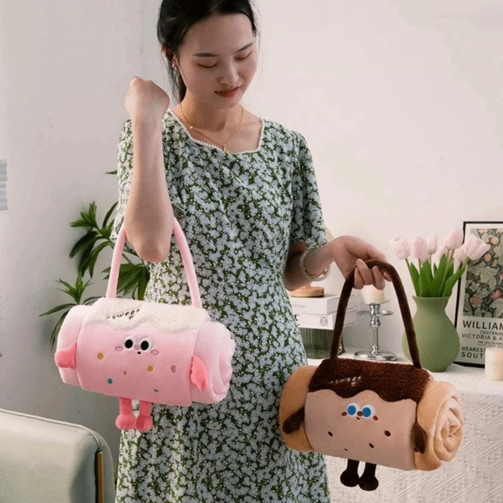 Cute 2 in 1 Foldable Roll Blanket Warm Plush Air Conditioning Blanket Cartoon Handheld Nap blanket Home