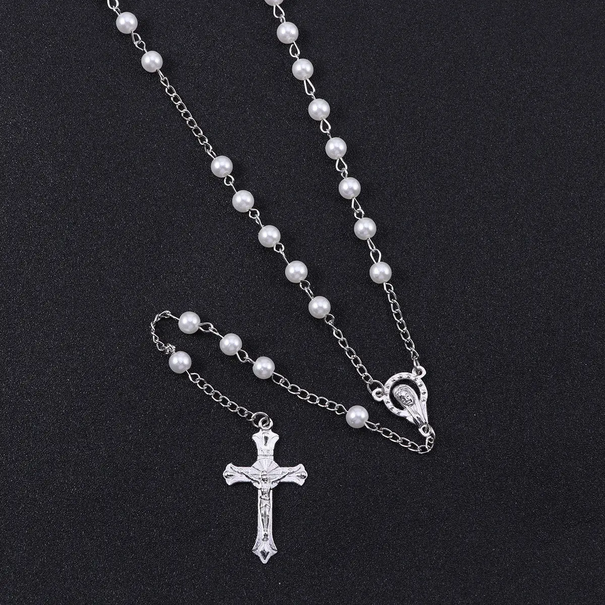 

White Pearl Cross Rosary Necklace Christian Sacred Prayer Beads Crucifix Keepsake Christian Pearl Beads Rosary