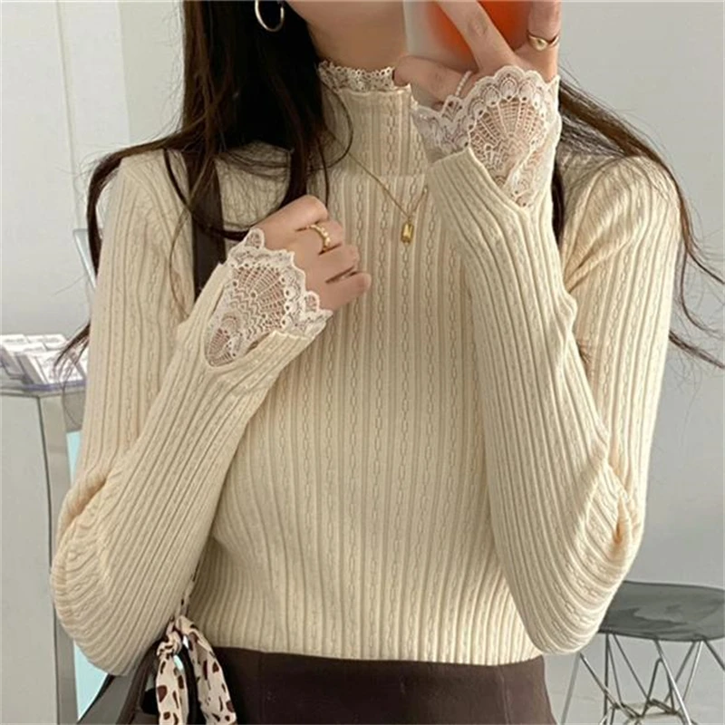 Women\'s Clothing Autumn Winter Korean Fashion Elegant Lace Patchwork Knitwear Solid Long Sleeve Slim Pullover Basic Tops Jumpers