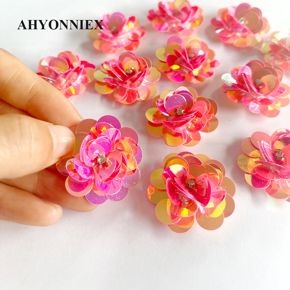 10Pcs/Lot Handmade Beads Sequins Shining Pink Flower Patch Clothing DIY Decorative Patch Earrings Hairband Accessories