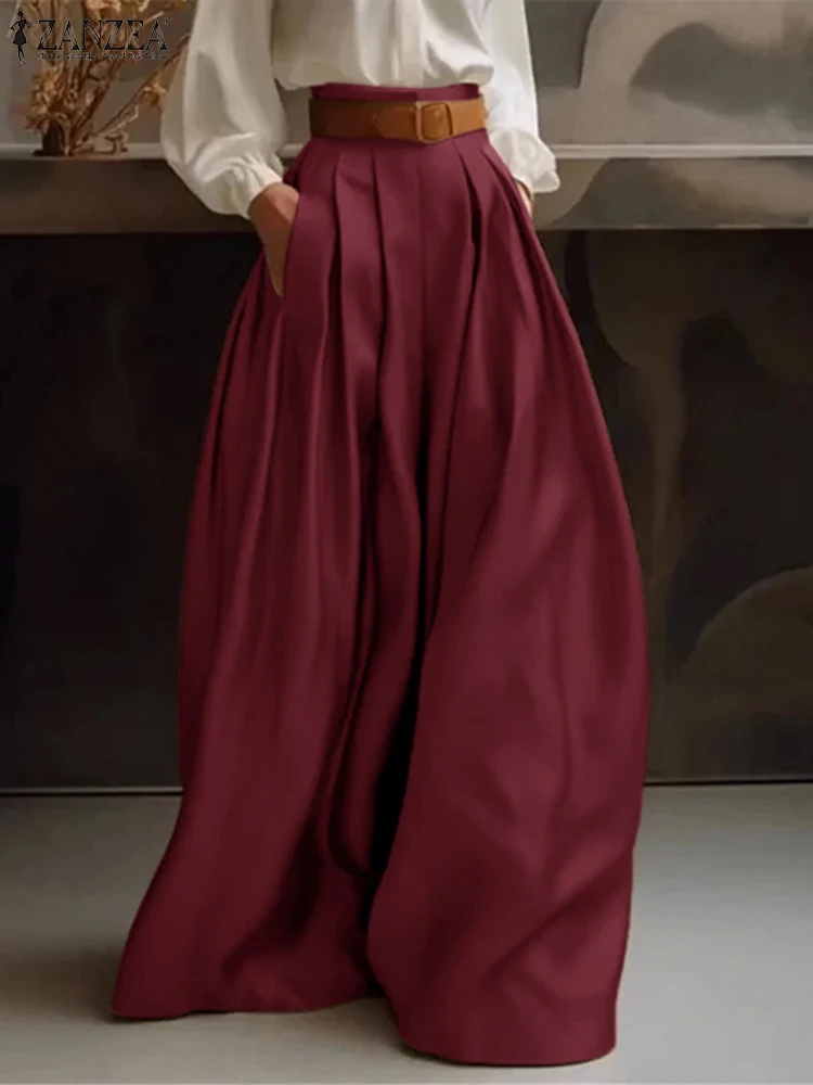 2025 ZANZEA Women Pants Elegant Wide Leg Long Trouser Office Lady Satin Silk Formal Pantalons Casual High Waist Pocket Bottoms