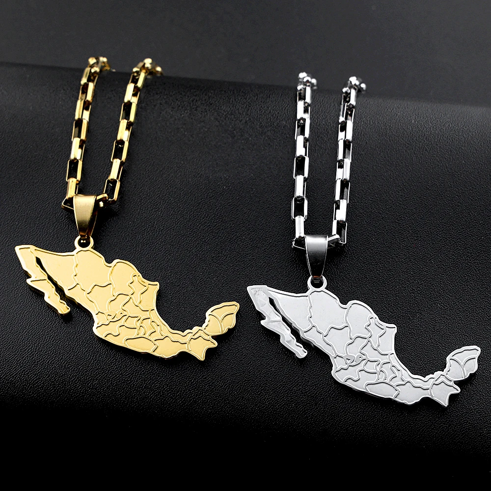 Mexico Map State Boundary Pendant Necklace for Men Women Stainless Steel Gold Color National Mexican Geography Chain Jewelry