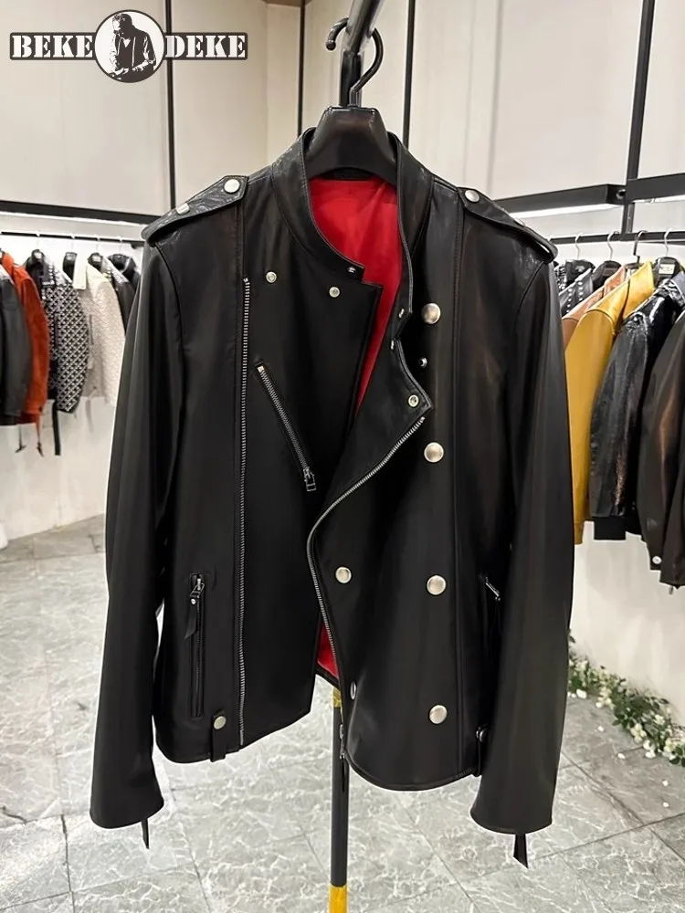 Luxury Calfskin Jacket Men Multi Zipper Stand Collar Motorcycle Biker Riding Coat Vintage Autumn Slim Fit Genuine Leather Jacket