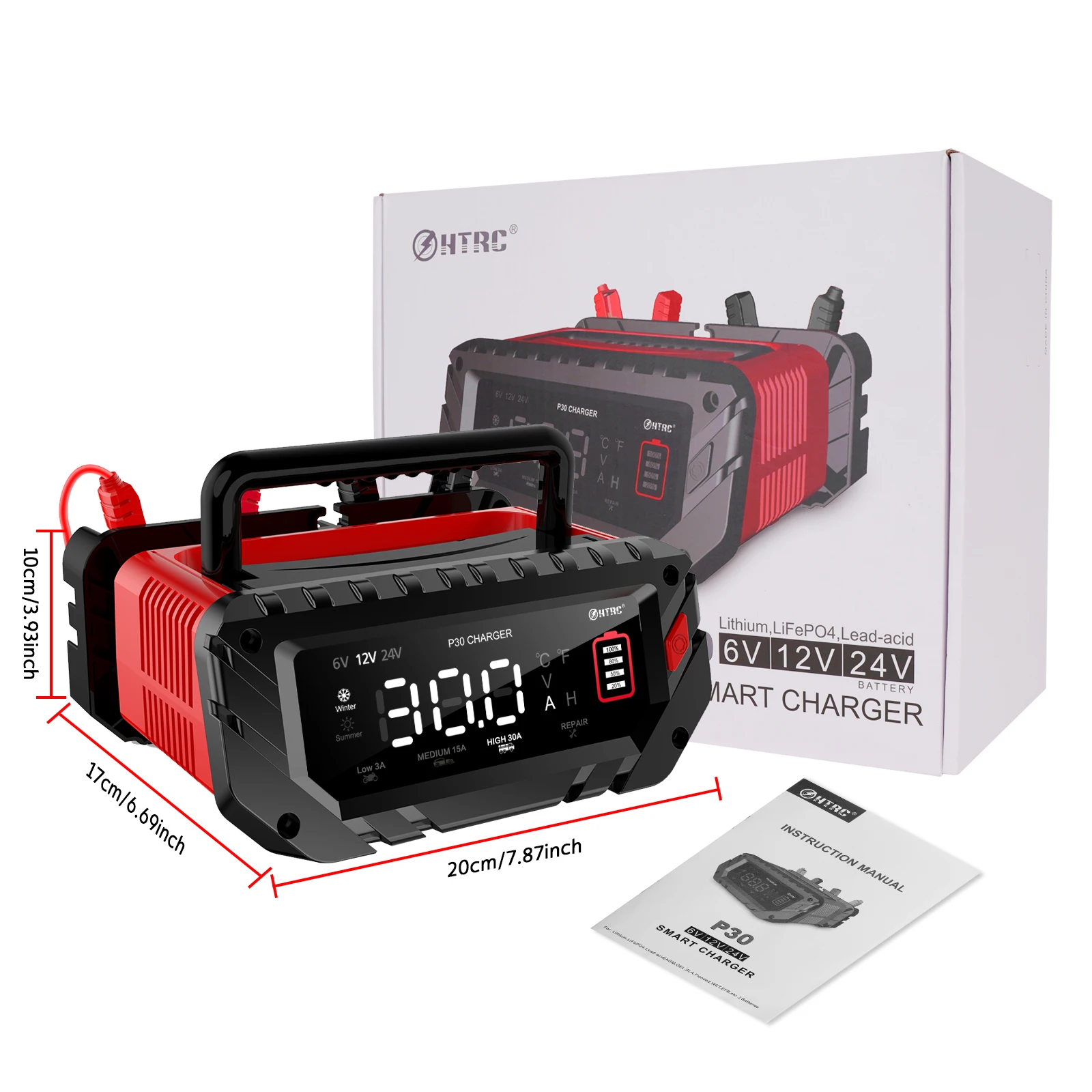 HTRC 30A/26A 6V/12V/24V nabíječka autobaterií pro motocykly s olověnými, SLA gelovými lithiovými LiFePo4 bateriemi, přenosná inteligentní nabíječka - náhled 6