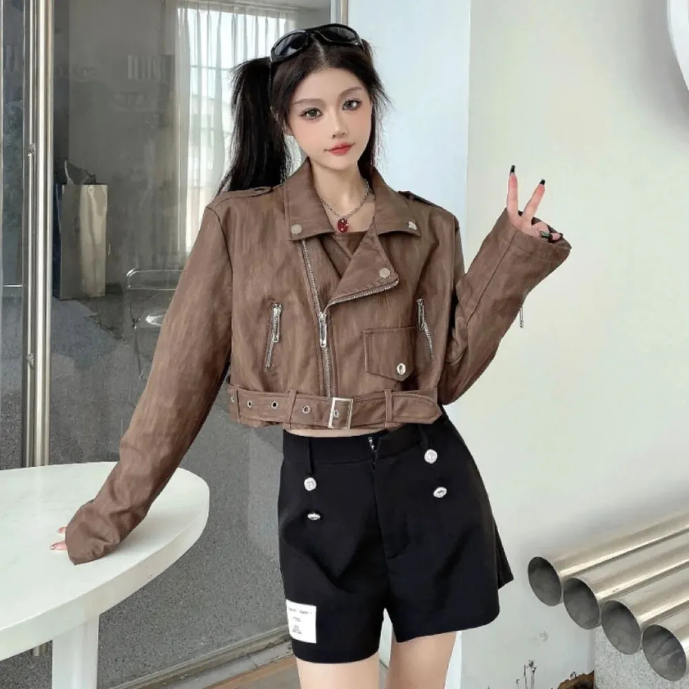 Jaket kulit Khaki Punk wanita, mantel kulit Retro ritsleting tidak beraturan pengendara sepeda motor PU kasual gaya Korea jalanan tinggi dipotong