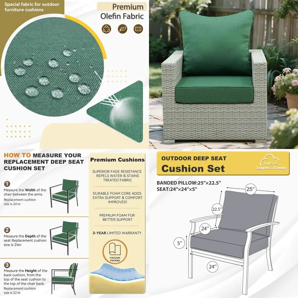 

24 x 24 Inch Outdoor Deep Seat Cushion Set, Olefin Fabric, Removable Cover, Weather-Resistant for Patio Furniture