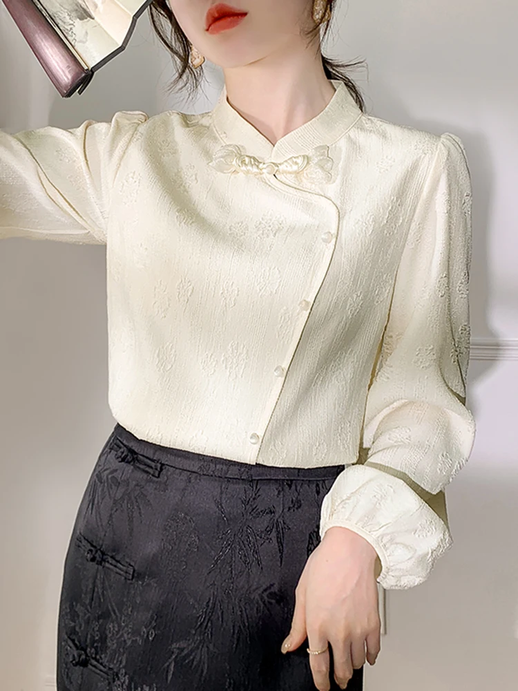 New 2024 Spring Jacquard Blouse For Womens Elegant White Shirts & Blouses Long Sleeve Tops Mujer Chinese Style Fashion Blouse