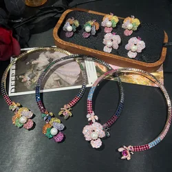 Women Pearl Colored Flower Zircon Open Necklace Stud Earrings Set 2025