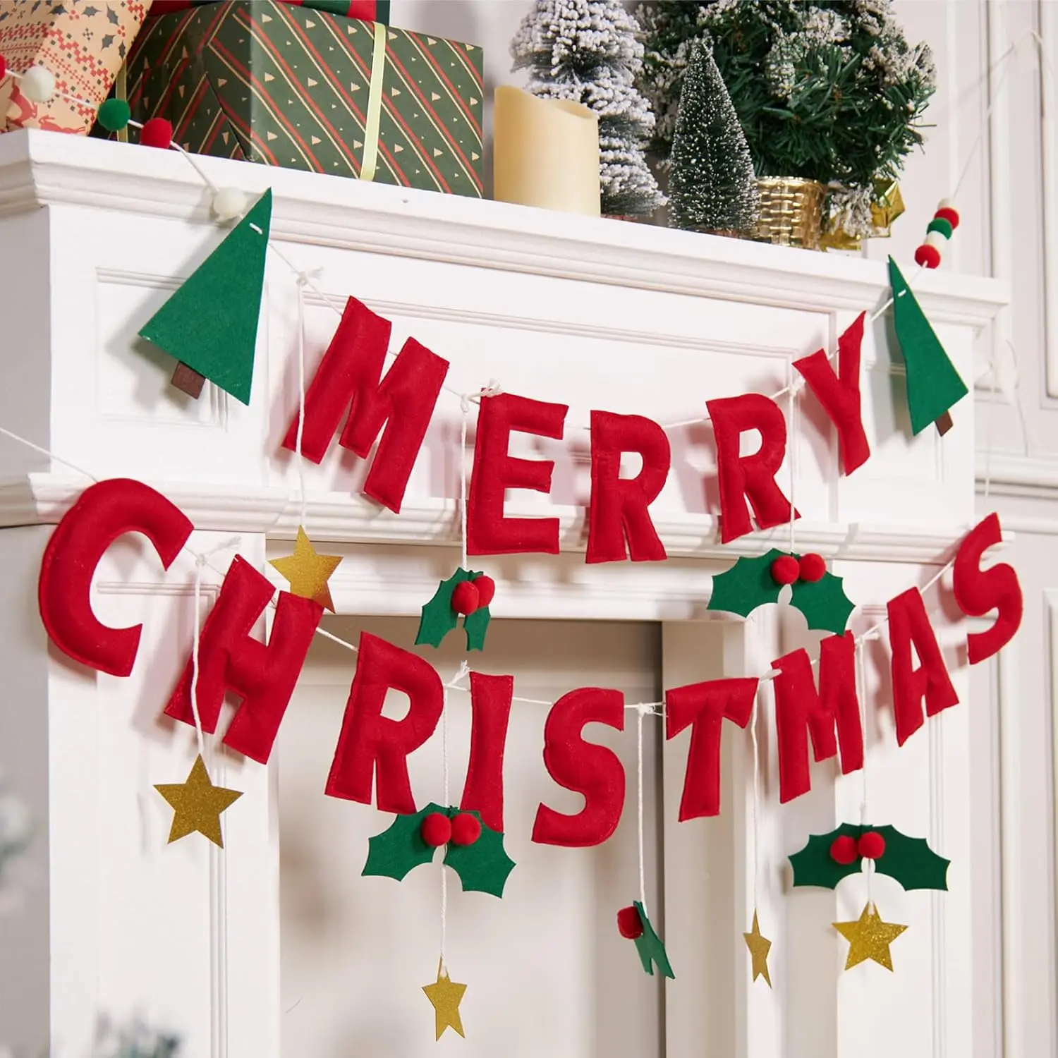 

Cloududa Merry Christmas Banner Decoration Xmas Bunting Garland Felt Party Supplies For Wall Fireplace Mantel Window