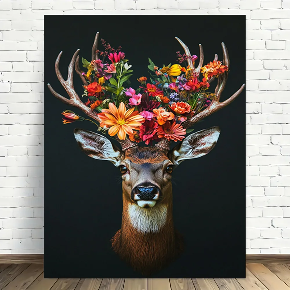 2D Flat, 1pc, Floral Deer Headpiece Art Print Frameless Canvas Wall Art Modern Vintage Design, High Quality Printed Poster, E