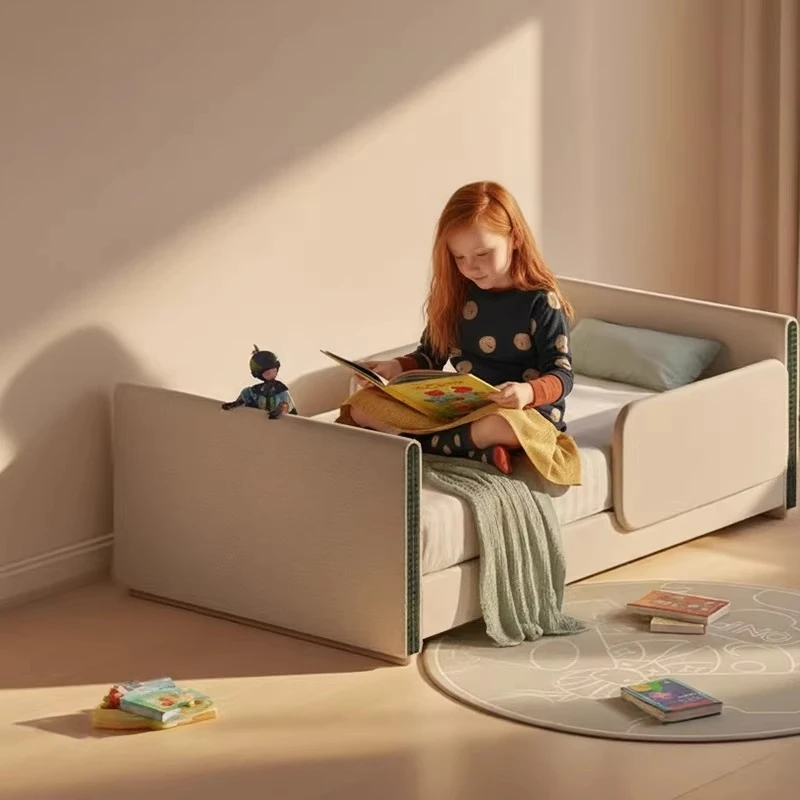 Multifunctional Children's Bedside Widened Splicing Bed with Guardrail Soft Bag Solid Wood Bed