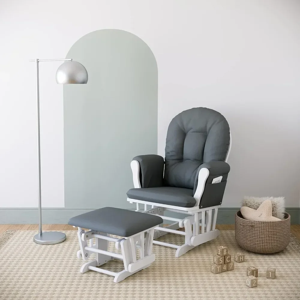 L # Premium Hoop Glider And Ottoman (White Base, Gray Cushion) – Padded Cushions With Storage Pocket