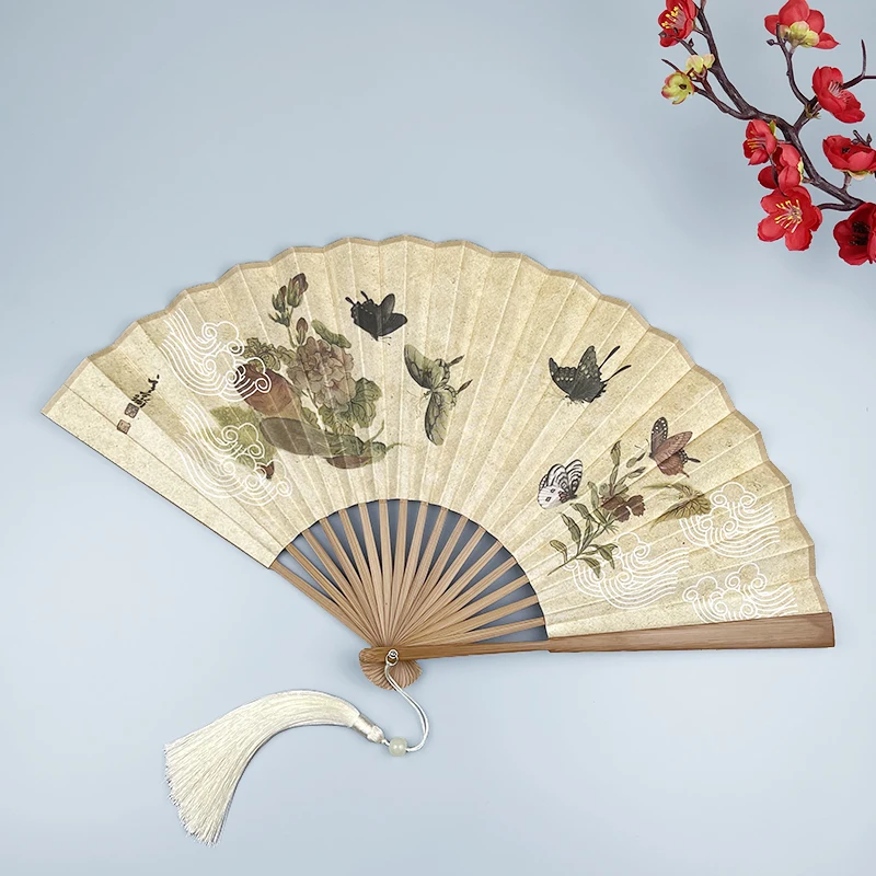 8 inch retro fan folding fan double-sided Chinese style men's and women's Hanfu cheongsam cat butterfly summer daily bamboo fan