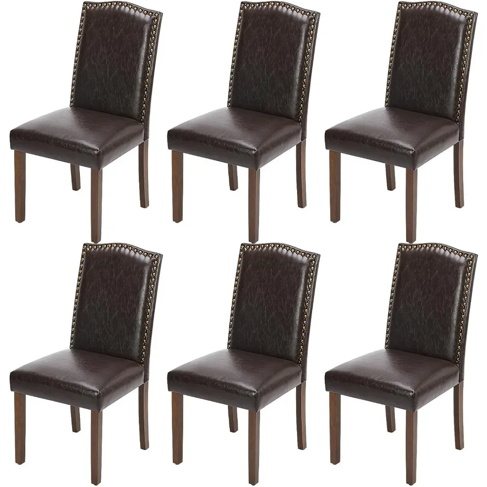 

Set of 6 Upholstered Dining Chairs, Modern Upholstered Leather Dining Chairs with Spike Head Trim and Wooden Legs, Dark Brown