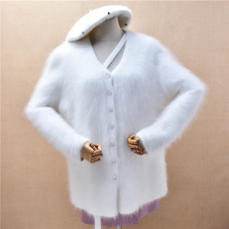 

Ladies Women Autumn Winter Clothing White Hairy Plush Mink Cashmere Knitted V-Neck Long Sleeves Loose Cardigans Sweater Jacket