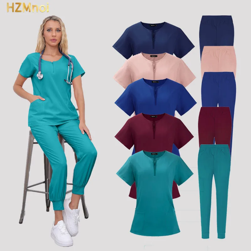 Manga Longa Curta Enfermeira Uniformes, Scrub Tops, Calças De Bolso, Spa Salão De Beleza Workwear, Médico Scrubs Set, Moda Ternos De Corrida