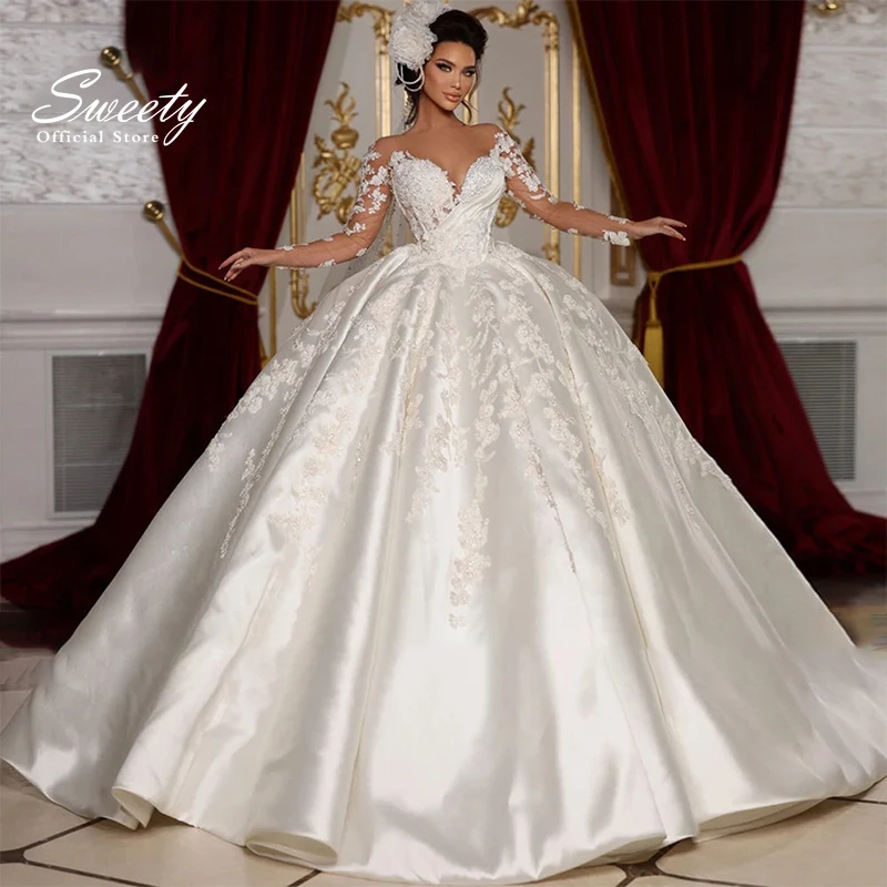 

Elegant Wedding Dress Taffeta With Beading Princess Ball Gown O-Neck Full Sleeve Church Wedding Lace Up Vestido De Novia Pearls