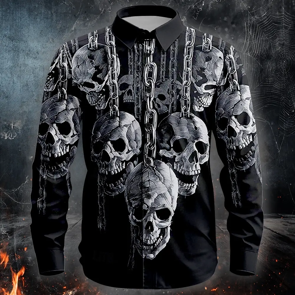 할로윈 의상 남성용 해골 셔츠 버튼 업 셔츠 긴 소매 캐주얼 야외 휴가 일일 가을 3D 프린트 칼라 셔츠