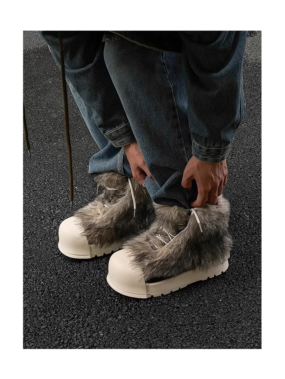 الذئب الرمادي فو الفراء حذاء من الجلد مكتنزة كريم منصة وحيد عالية أعلى عدم المتابعة جولة تو موضة شتاء دافئ في الهواء الطلق حذاء كاجوال