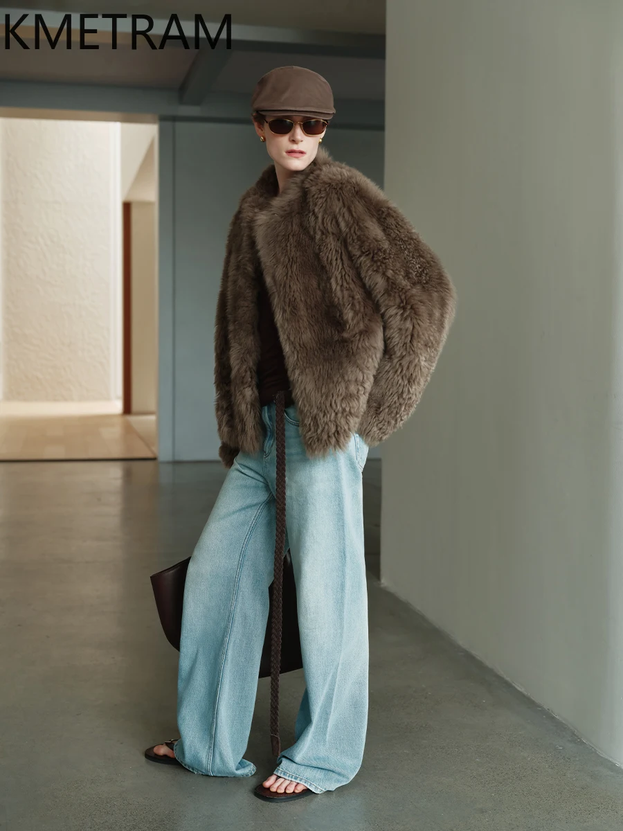 Damska krótka kurtka z prawdziwego futra owczego z naturalnej wełny toskanckiej, dwustronna, w stylu \"old money\", zimowe ubrania damskie, шуба 2025