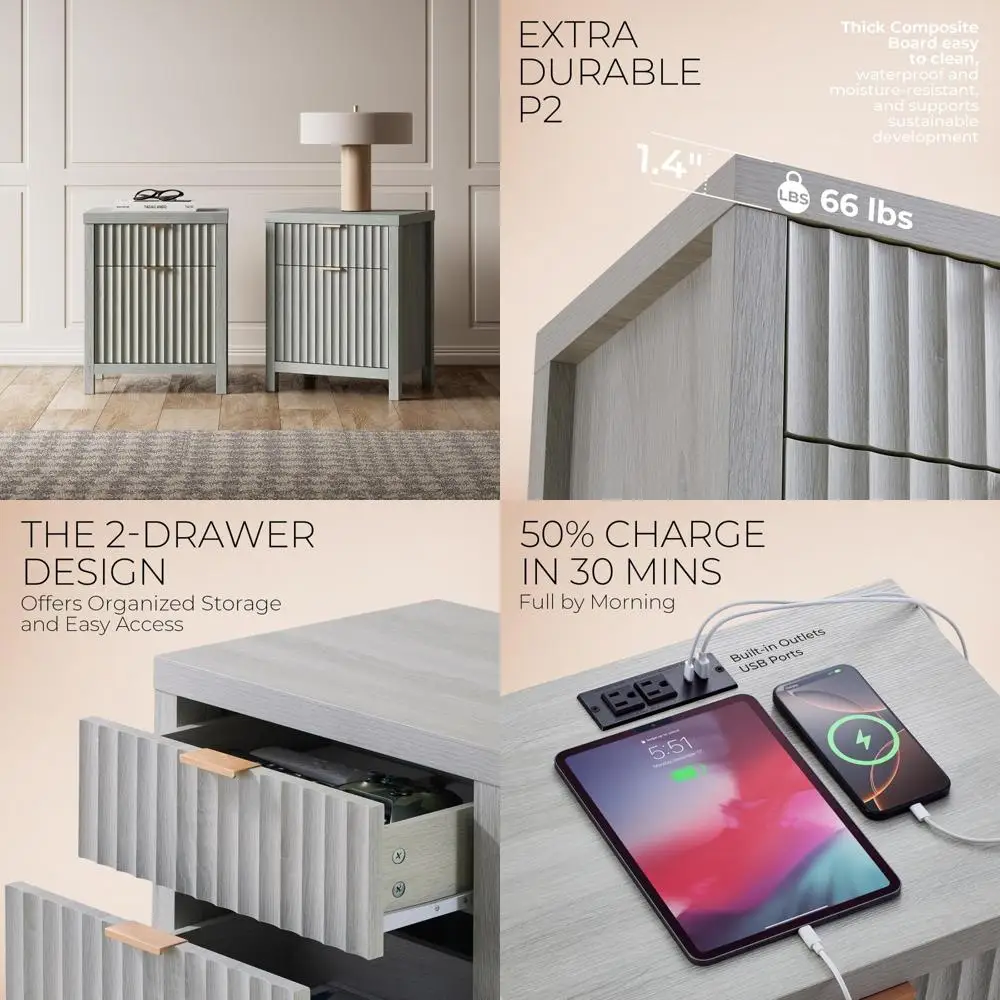 زوج من طاولات الليل الحديثة المخددة مع محطات الشحن والأدراج المزدوجة