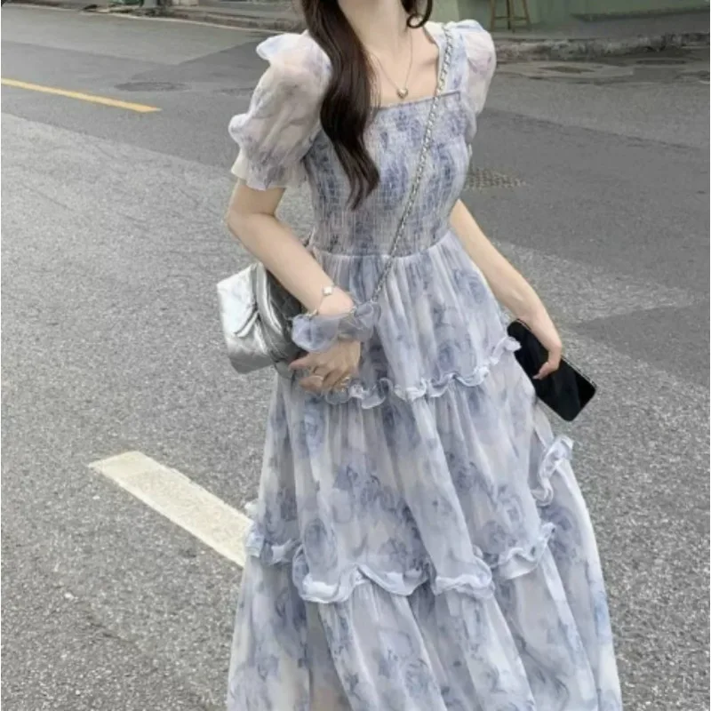 Summer Vintage French Mesh Dress for Women New Waist Cinched Slash Neck Bubble Sleeves Sweet Floral Chiffon Dress Female