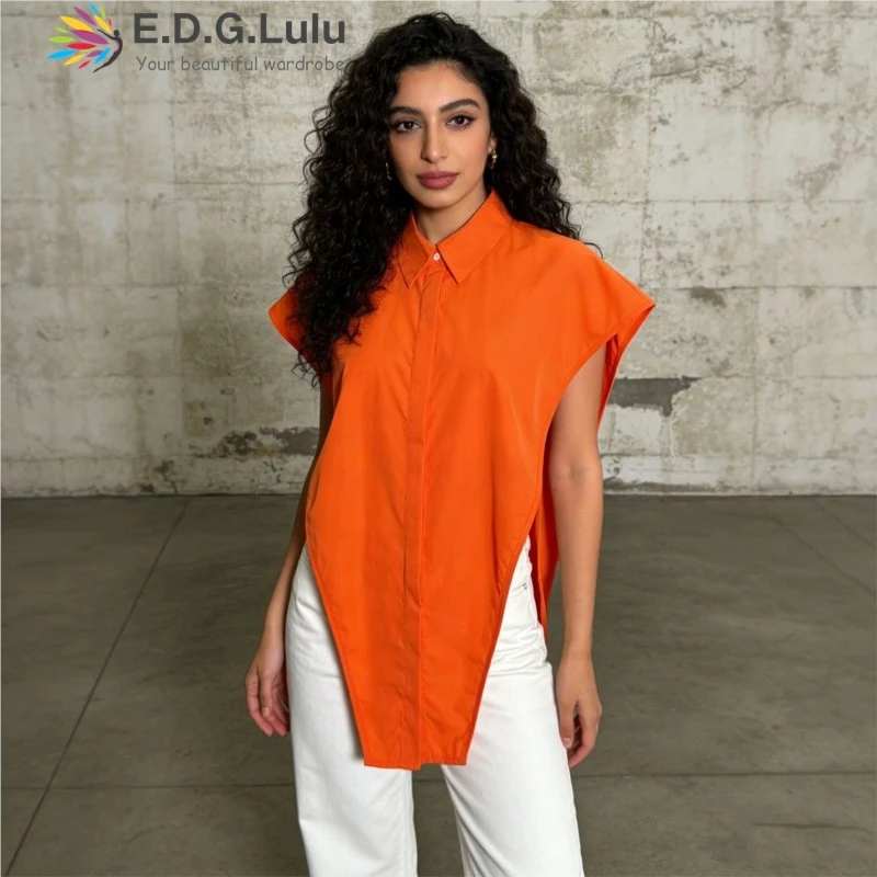 

EDGLuLu 2026 Весна-Лето Новинка: Женская блузка с асимметричным вырезом в форме перевернутого треугольника, уникальный модный дизайн, модель 0420