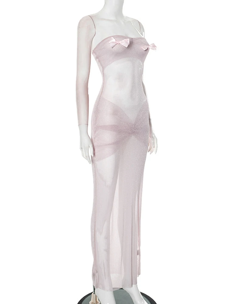 Sibybo Strapless See Through Maxi Dress Women Summer Sundress Fashion Bows Sleeveless Backless Slim Party Clubwear Sexy Dresses